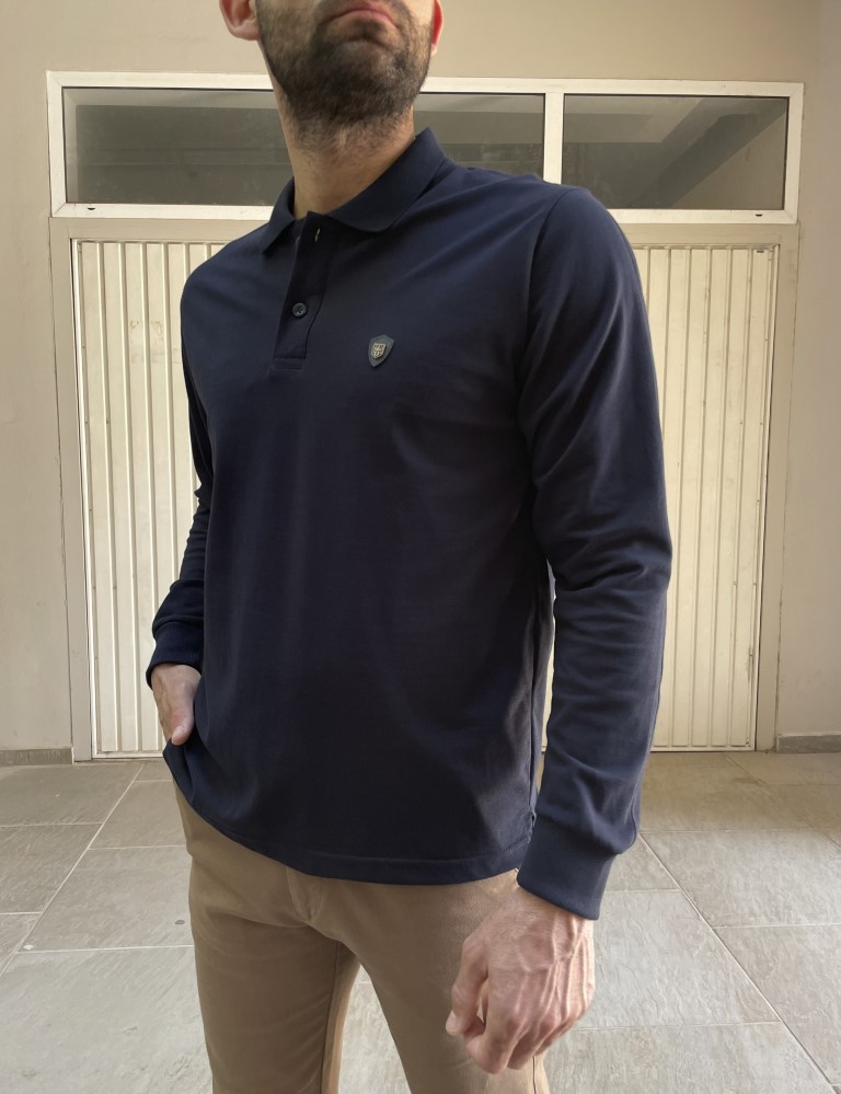 Everbest Everbest Ανδρική μπλε Polo πικέ μακρυμάνικη μπλούζα Plus size 251020B
